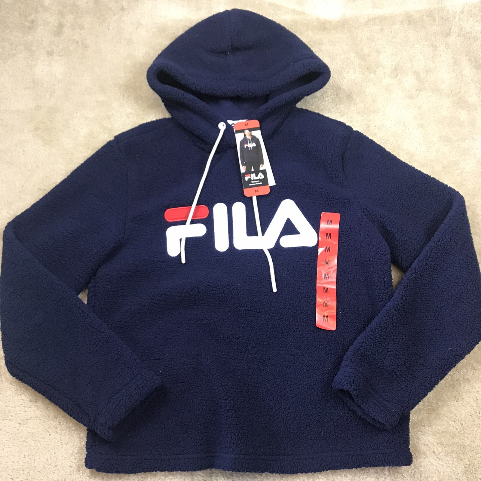 Felpa con cappuccio pullover Fila blu Sherpa Caroline donna taglia media M logo bianco nuova con etichette