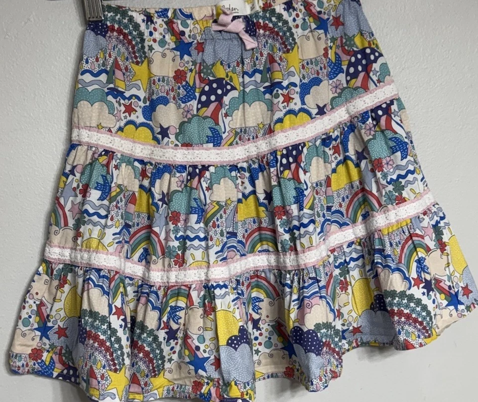 Mini Boden Midi Skirt Girls Size 6/7 Years Tiered Rainbows Sunny Pull-On - Image 2 of 4
