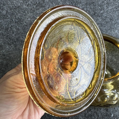 Vintage Amber Glass Lidded Square Canister Jar Medium Feathers Grapes Crackle - Picture 18 of 24