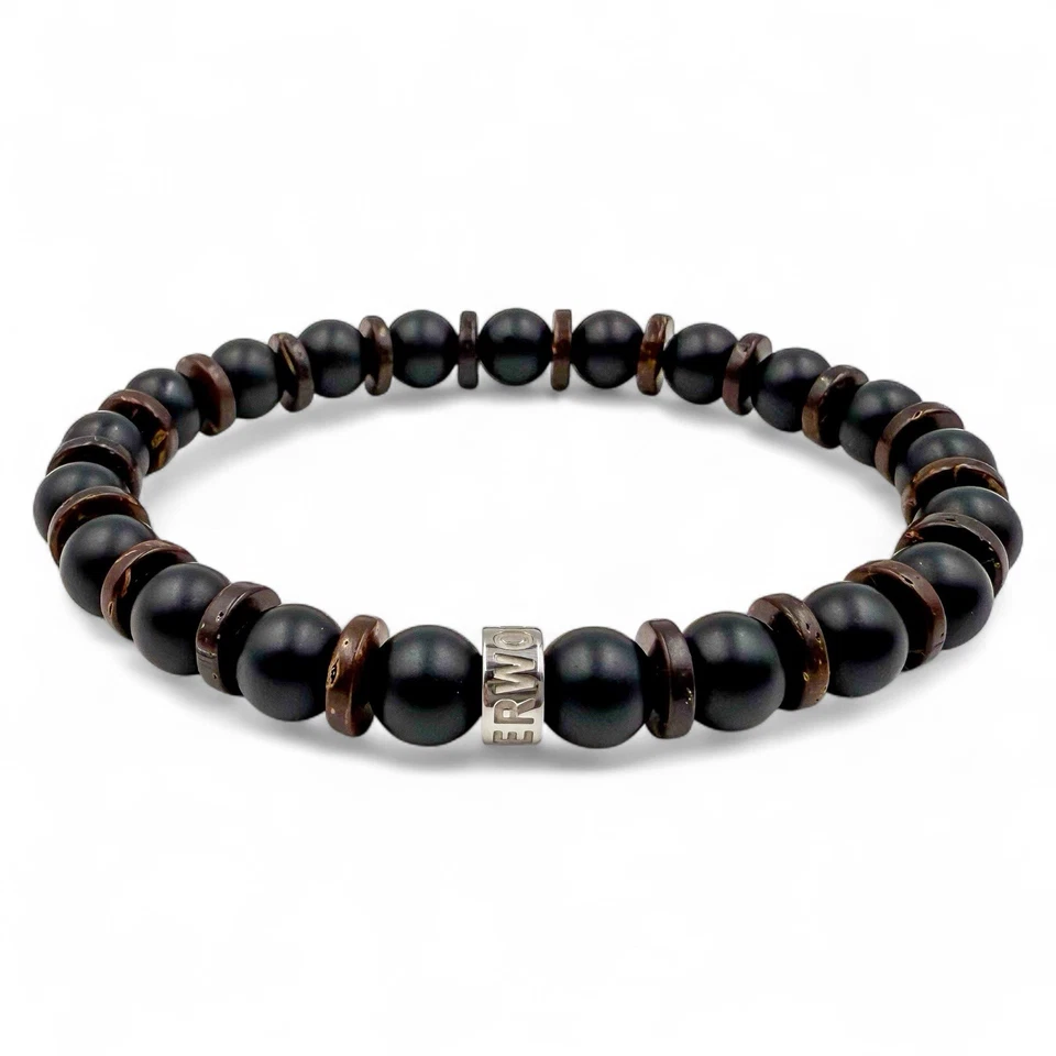 Pulsera de cuentas de piedras preciosas y madera para hombre - Madera Blacktop - Joyería elástica hecha a mano Foto 4 de 4