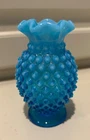 Vintage Blue Fenton Hobnail Mini Vase with Ruffled top