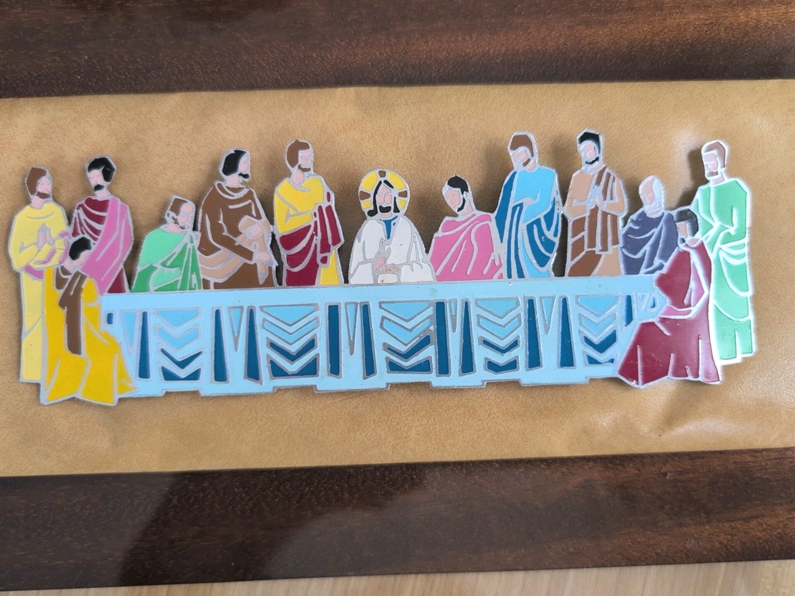 Last Supper Painted Metal Pleather Wooden Wall Hang Plaque Religious Farmhouse