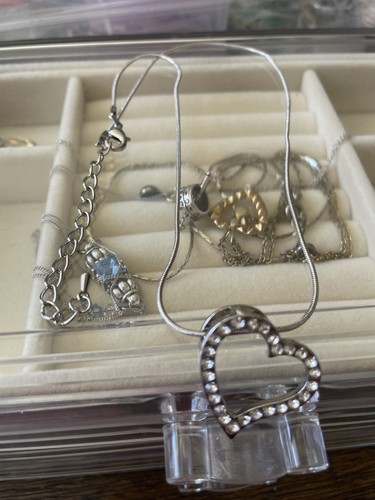 Silver Tone Snake Chain Heart Charm Pendant Necklace Pavé Clear Crystals