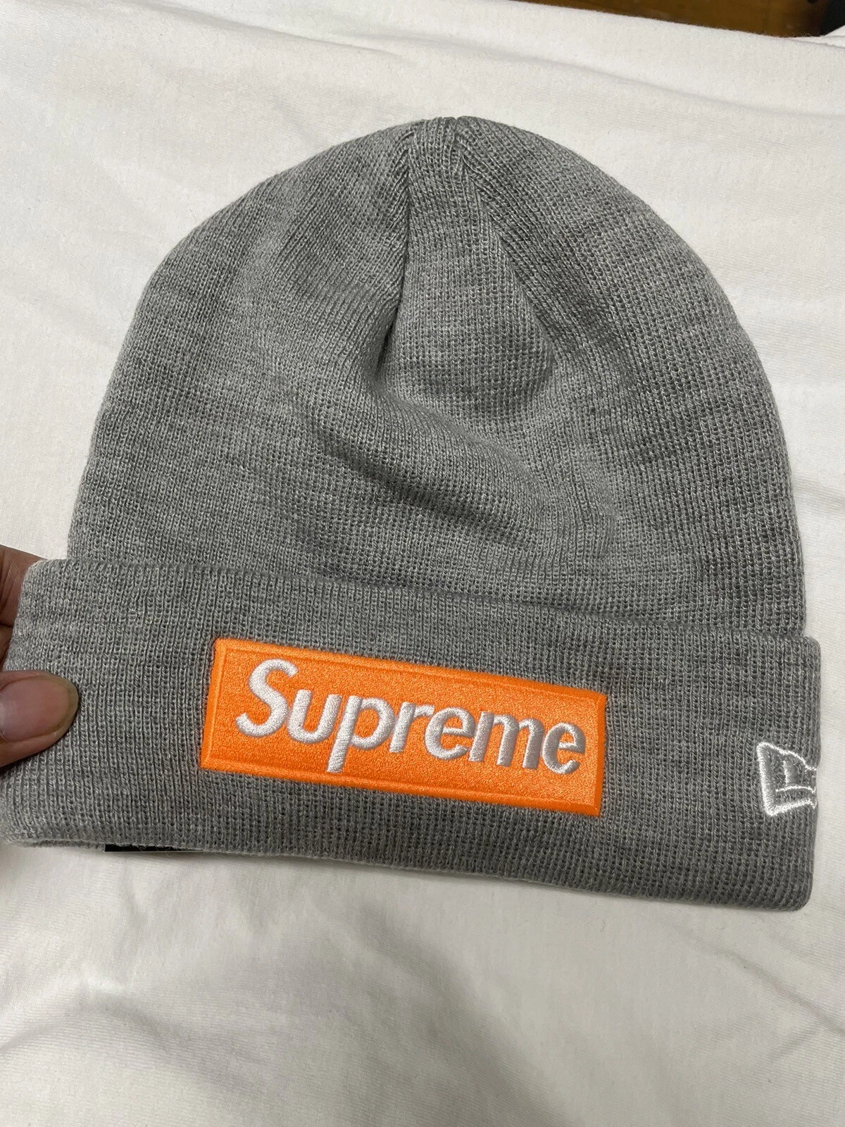 Authentique bonnet 2017 FW17 New Era Supreme gris bruyère et orange boîte logo