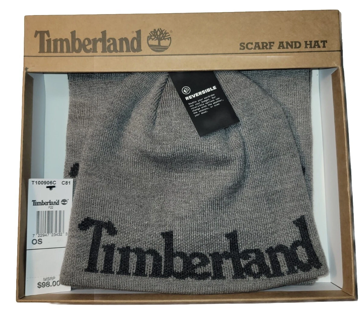 Timberland Scarf and Hat Set Reversible Gray Set One Size FREE SHIPPING $98