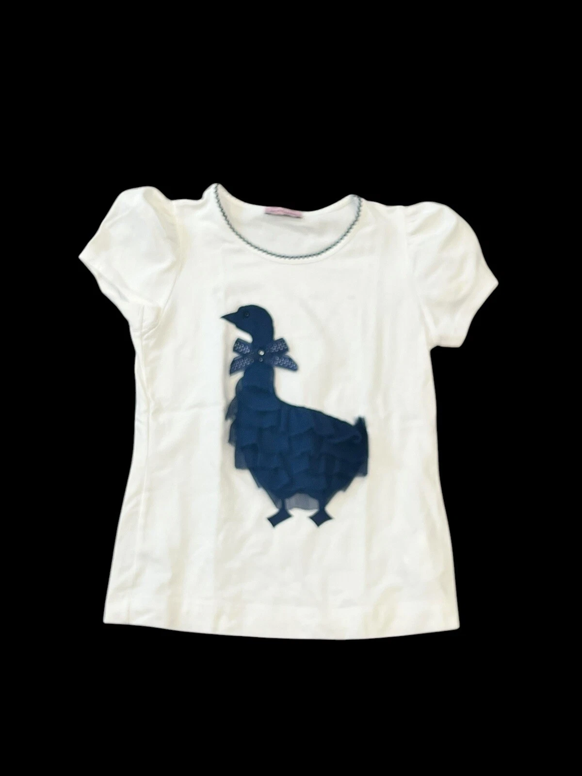 MONNALISA GIRL'S 7 WHITE SHORT SLEEVE T SHIRT TOP EMBROIDERED DUCK GOOSE W/ BOW