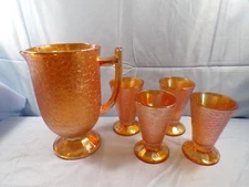 Jeannette Marigold Iridescent Crackle Glass Water Set - Pitcher & 4 Tumblers
