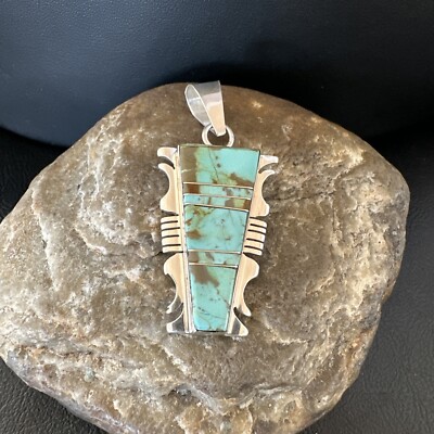 Blue Turquoise#8 Navajo Sterling Silver Inlay Pendant 2” 15684 | eBay