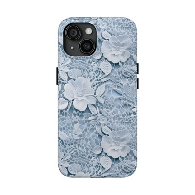 Powder Blue Floral Lace Tough iPhone SE 11 12 13 14 15 & Samsung Galaxy Case