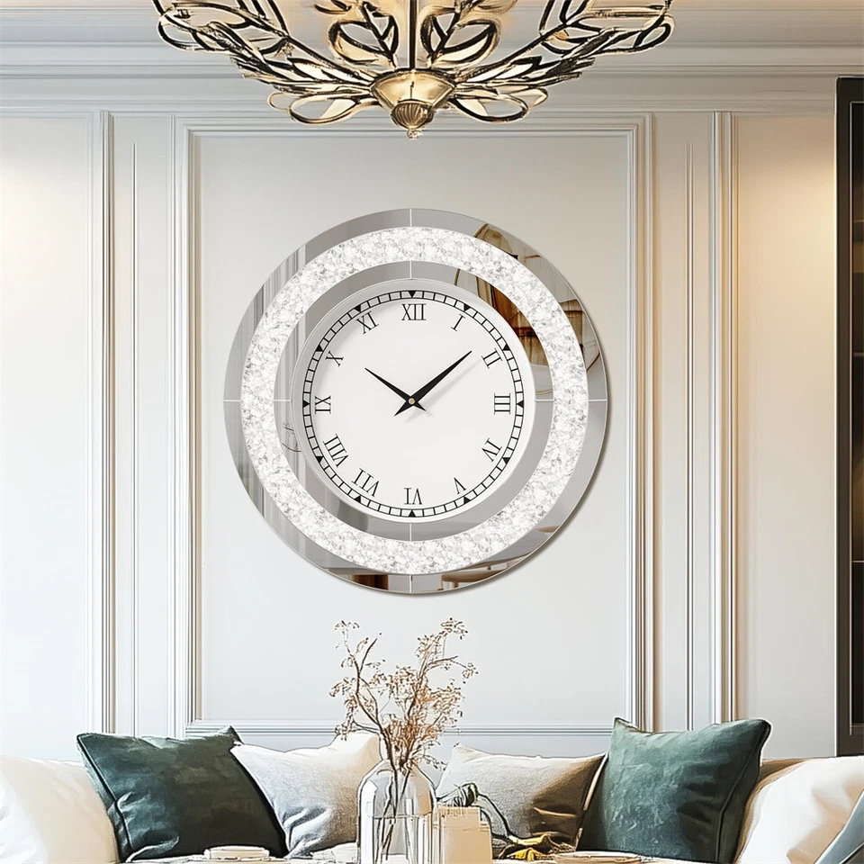 Reloj de Pared Grande 32" Retro Diamante Triturado Espejado Relojes para Decoración de Salón Foto 4 de 4