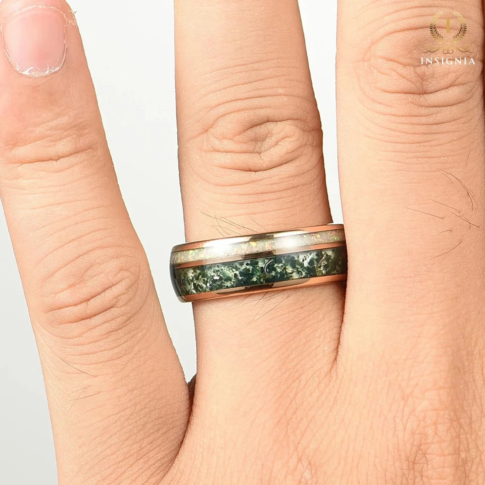 Мох агат метеорит и настоящий метеорит и белый огненный опал, его и ее пара колец - Изображение 4 из 4