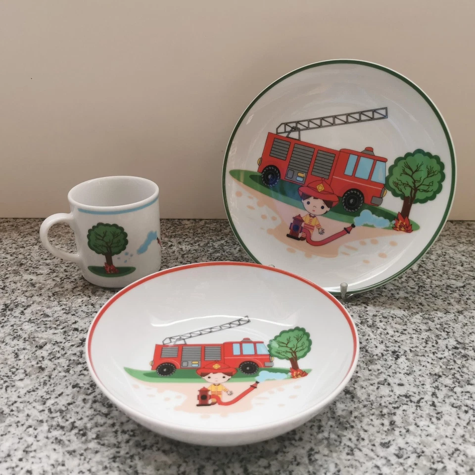 Kindergeschirr Set 3tlg Porzellan Kinderteller Tasse Top Motiv "Feuerwehr" - Bild 3 von 4