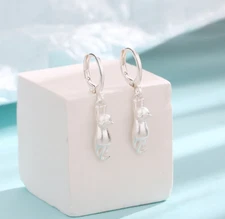 925 Silver Plated LeverBack Hoop Huggie Drop Dangle Cat French Wire Earrings S3