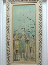 Original Oil Painting Unsigned Ursula? 36"x 18.5" c1955 pressboard Impressionist