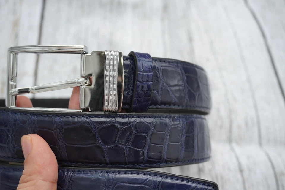 Blue Genuine CROCODILE Belly Leather Skin Men's Belt - W 1.3" #H21 - Image 3 of 4