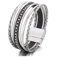 Lingdong Multilayer Leather Wrap Silver Braided Chain Cuff Bangle Bracelet