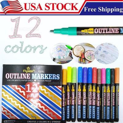 Doodle Dazzle Markers Double Line Outline Pens, 12 Colors Self Outline Metallic