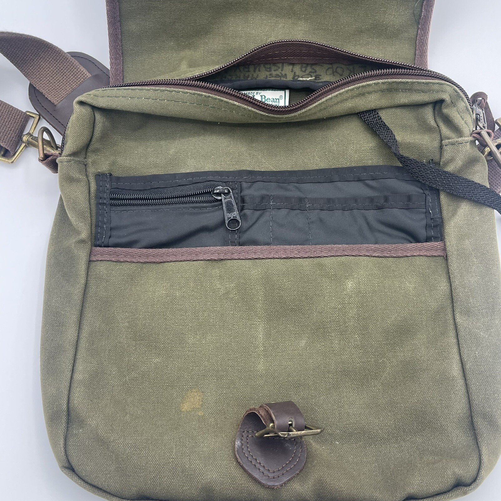 LL Bean Messenger Bag Green Tin Cloth Canvas Shoulder Satchel Bag Vintage eBay