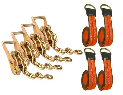 4 Pack 2'' x 10' Lasso Wheel Lift Straps w/ Ratchets & G70 Chain USA