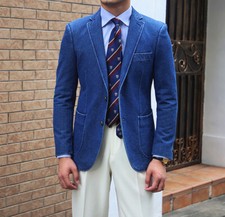 Denim Men's Suits Single-Breasted Jacket Notch Lapel Blazer Business Casual Wear