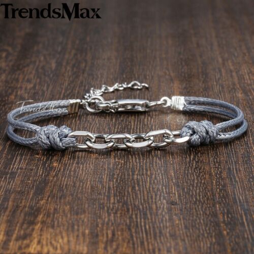 Leather Stainless Steel Cable Curb Link Womens Mens Bracelet 7“-9” Adjustable - Foto 1 di 4