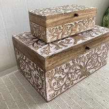 Handcarved Indian White Wash Wood Trinket Jewelry Box Tree Of Life Set Of 2