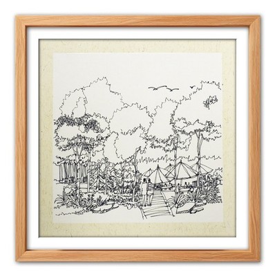 Original Pen and Ink Drawing   Serene Garden Walkway Landscape Art，14 x 14 inche
