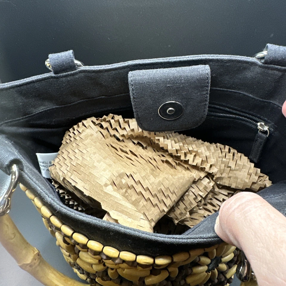 Bolso de Mano Talbots Cuentas Lino Marrón Asas de Bambú Cierre Magnético Bolsillo con Cremallera Foto 4 de 4