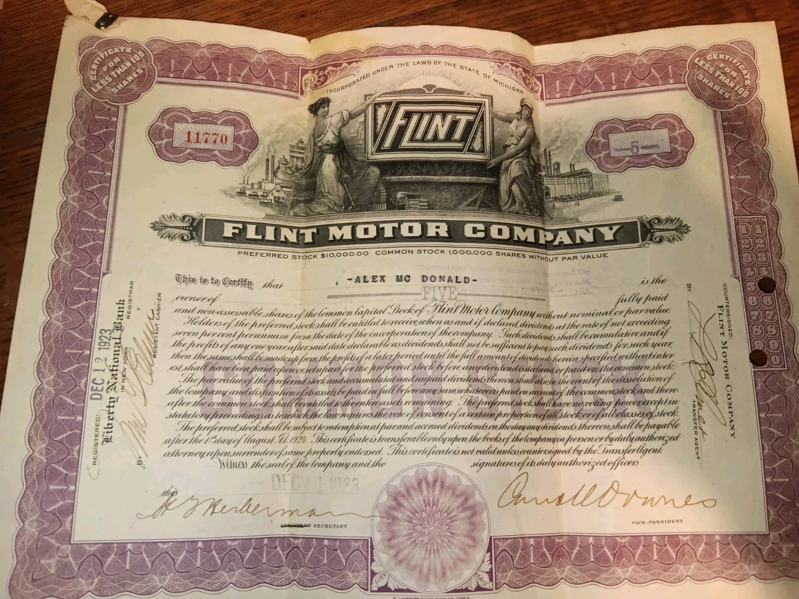 Stock Certificate Flint Motor Company