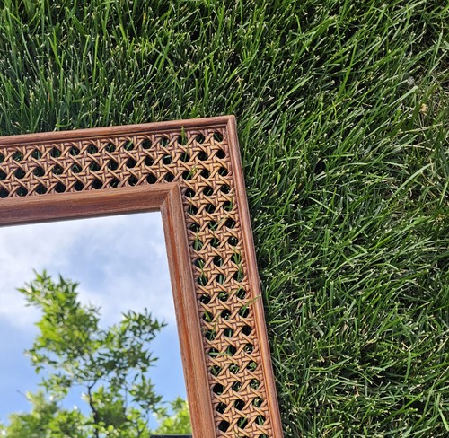 Vintage MCM Faux Rattan Woven Cane Mirror 1970s - Picture 6 of 13