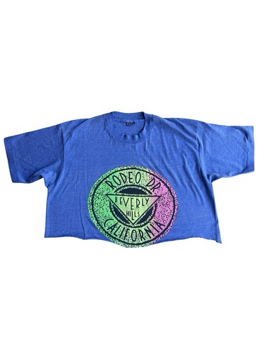 Screen Stars, VTG 90s SCREEN STARS Rodeo Dr Beverly Hills Cut Off Blue Graphic XL T-Shirt OOAK