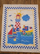 Vintage Baby Toddler Quilt Light House Sail Boat Primary Colors Handmade