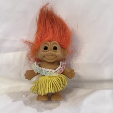 Vintage Russ Hula Dancer Troll Doll Orange Hair Hula Skirt Lei Flower Necklace