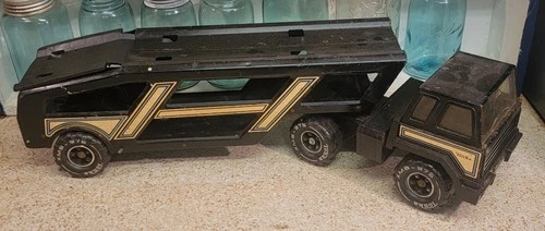 Vintage Pressed Steel Diecast Car Carrier Transporter Truck Black Gold