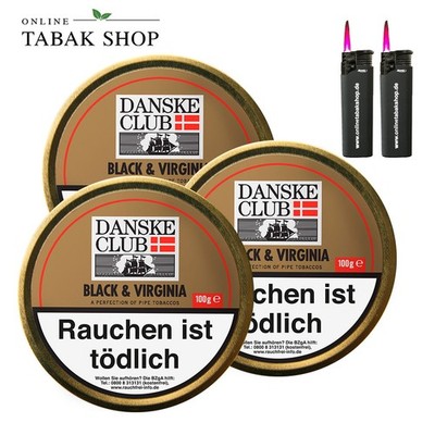 DANSKE CLUB Black & Virginia Pfeifentabak (3 x 100g) Dose + 2 Sturmfeuerzeuge