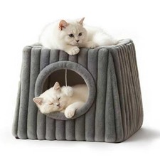 Indoor Cat House - Large Cat Bed Cave with Fluffy Balls and Scratch Pads, Fol...