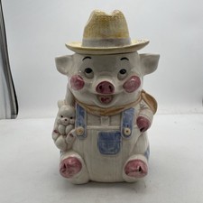 VINTAGE 1960's FARMER PIG W/RABBIT COOKIE JAR BY TREASURE CRAFT MADE IN USA