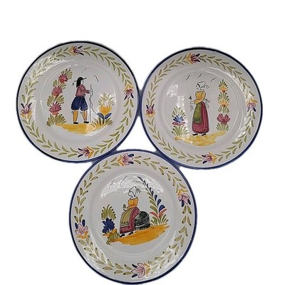 SurLaTable Ceramic Dinner Plates (3) Made in Portugal Quimper Breton Red Blue