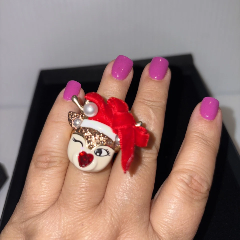 Novo em folha BETSEY JOHNSON autêntico anel elástico piscando renas multicolor - Imagem 4 de 4