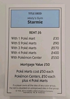 2014 Monopoly Pokémon Misty's Gym Starmie Light Blue Title Deed Card Game Piece