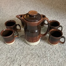 Lord Nelson Coffee Pot & 6 Mugs Pottery Celtic Stripe Brown Glaze Stoneware BNIB