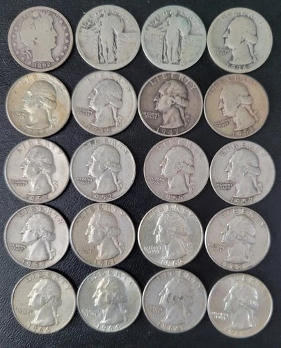Set of (20)  Silver Quarters, 17 Washington 1936-64, 2 No Date Liberty, Barber
