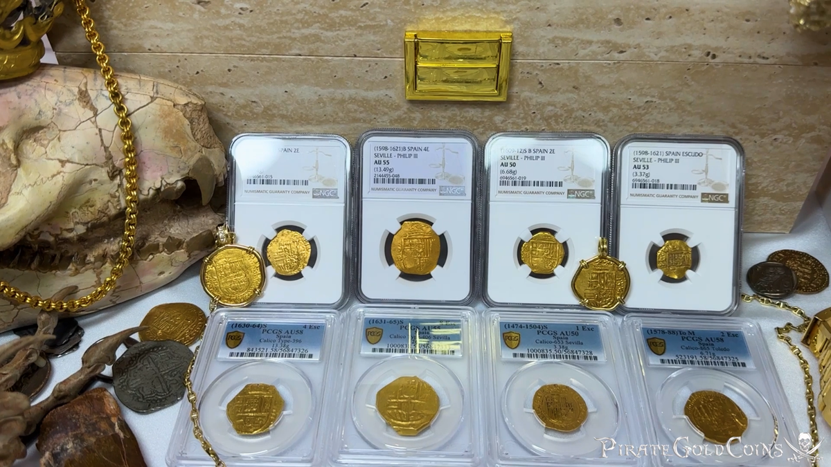 SPAIN 4 ESCUDOS 1598-21 PHILIP III NGC 55 PIRATE GOLD COINS