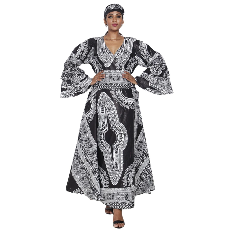 African Women's Dashiki Ruffle Sleeve Maxi Wrap Dress -- FI-D70 FS - Image 4 of 4