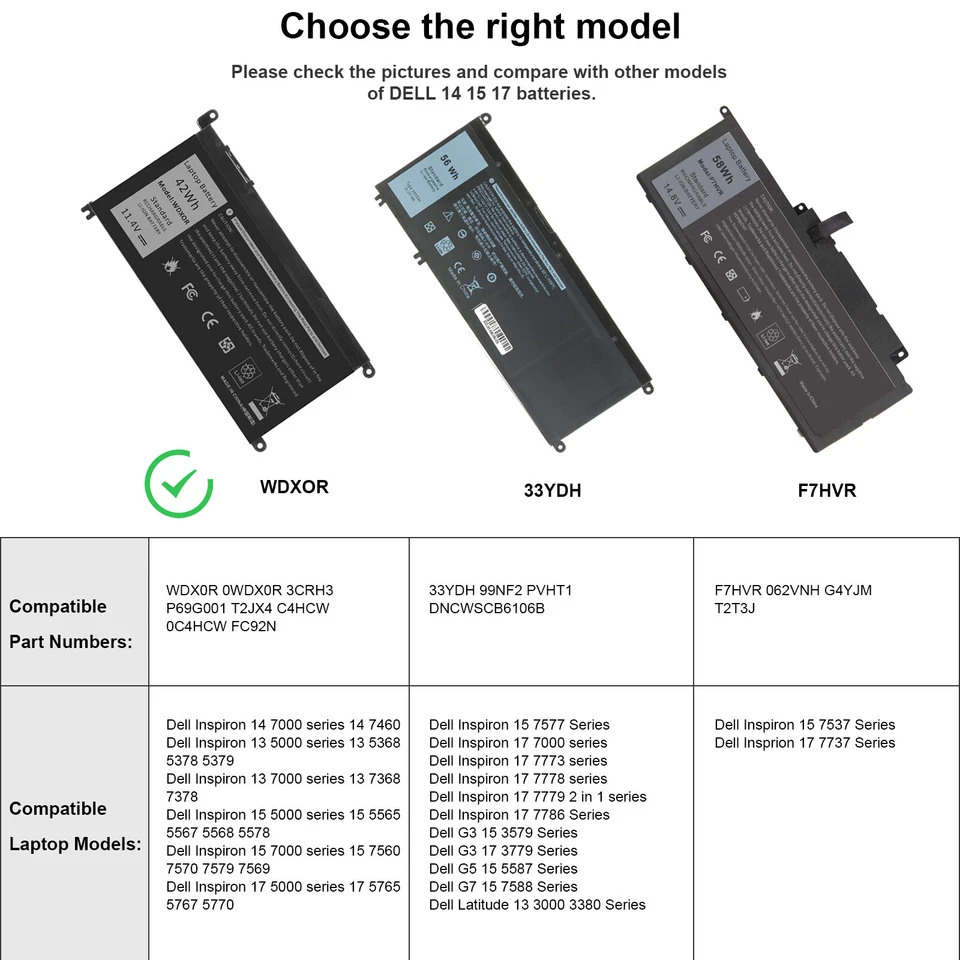 WDXOR Battery For Dell inspiron 13-5000 13-7000 15-5000 15-7000 17-5000 Series - Image 3 of 4