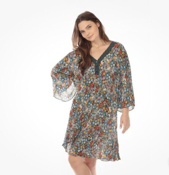 Johnny Was Floral Print Flare Sheer Relaxed Dress Bell Sleeves V-Neck S