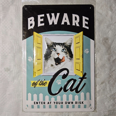 Blechschild BEWARE of the Cat ENTER AT YOUR OWN RISK 20x30 gewölbt*Motiv geprägt