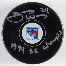 Jay Wells Signed New York Rangers Logo Puck Inscribed 