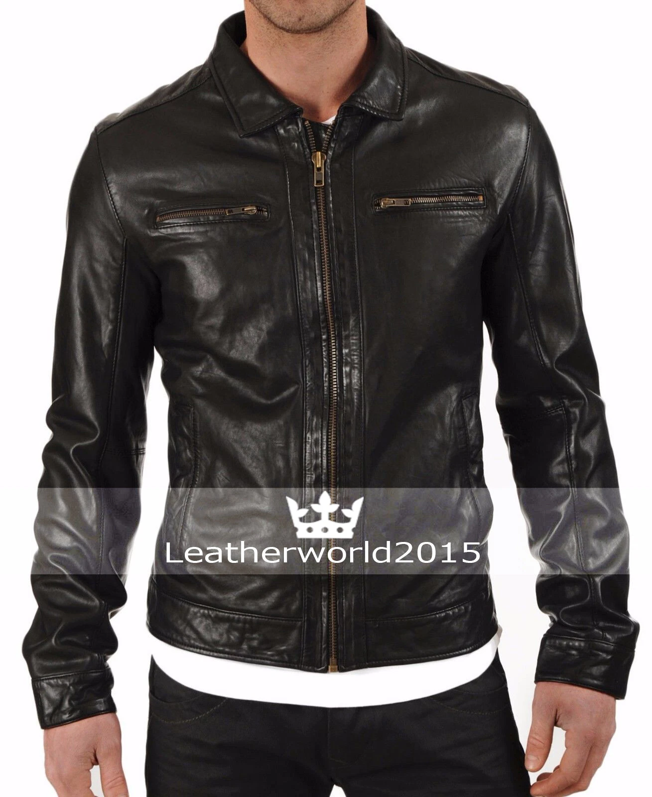 Men Black Leather Jacket Biker Motorcycle Genuine Lambskin Hide Café Racer Coat