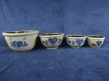 Set Of 4 Rowe Pottery Works 1998 Mixing Bowls BLUE HEARTS gray heavy thick